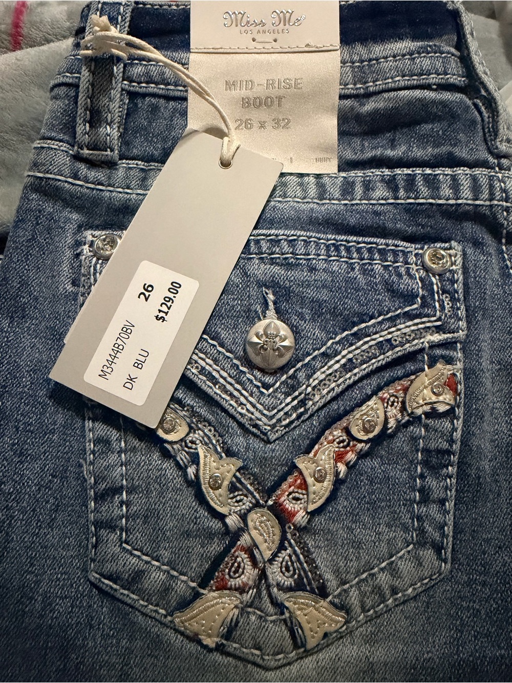 Miss Me Dark Blue Mid-Rise Bootcut Jeans with Embroidered Pocket